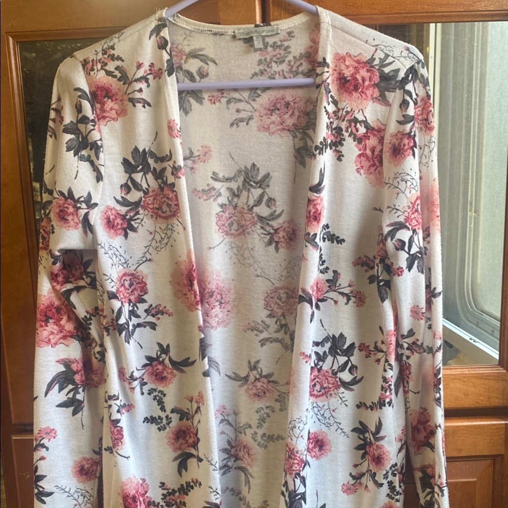 Floral Patterned Open-Front Medium Long Sleeved Lace Trimmed Cardigan Spring